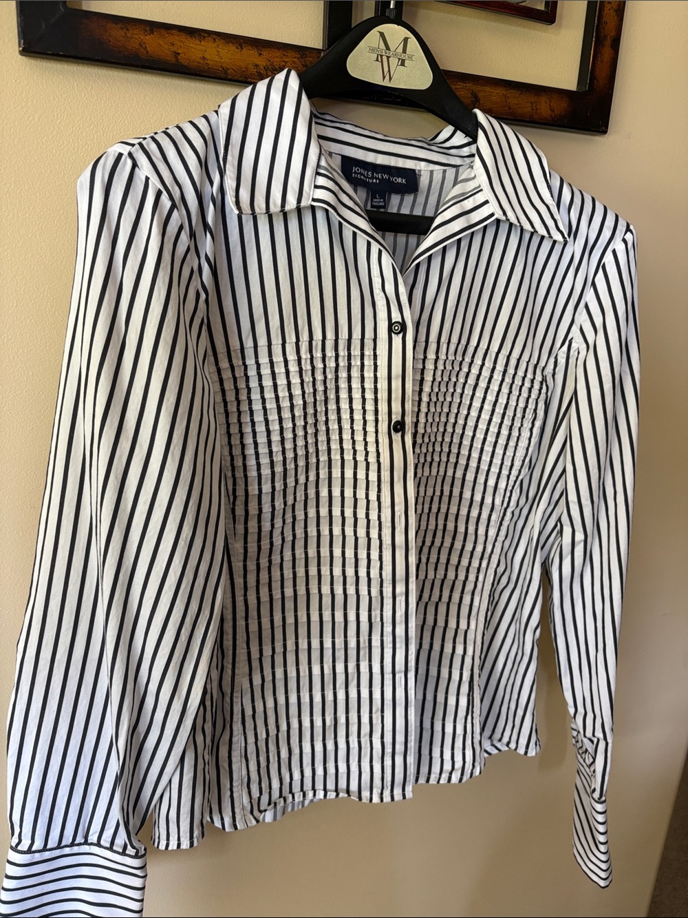 Jones New York Black and White Striped Pintuck Button-Up Shirt